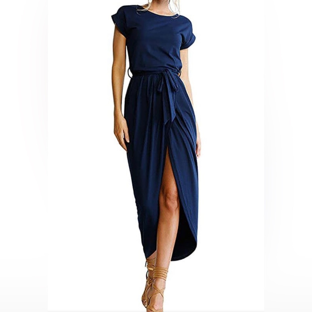 Navy Short Sleeve Maxi Dress, Tulip Hemline, Faux Wrap Dress, small